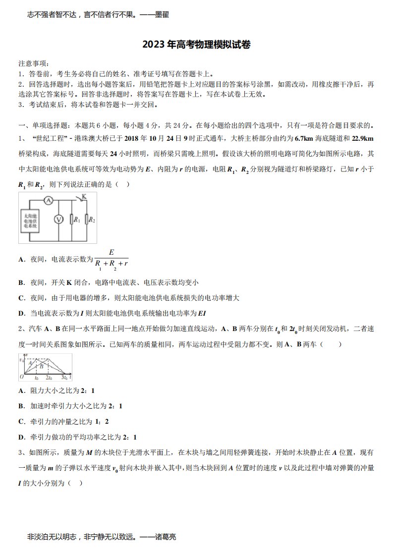 黑龙江省鸡西市2022-2023学年高三适应性调研考试物理试题含解析