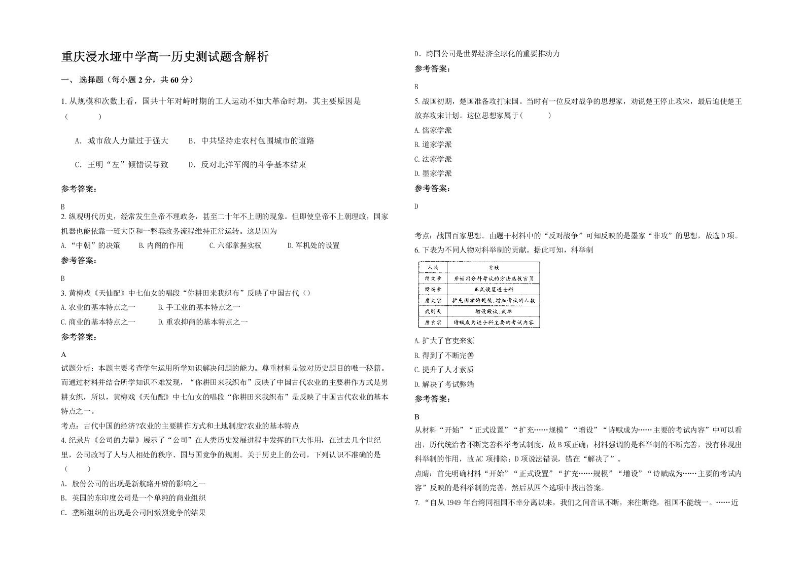 重庆浸水垭中学高一历史测试题含解析