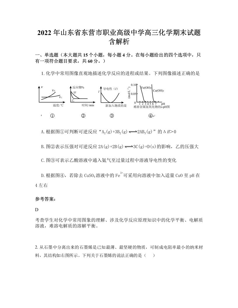 2022年山东省东营市职业高级中学高三化学期末试题含解析