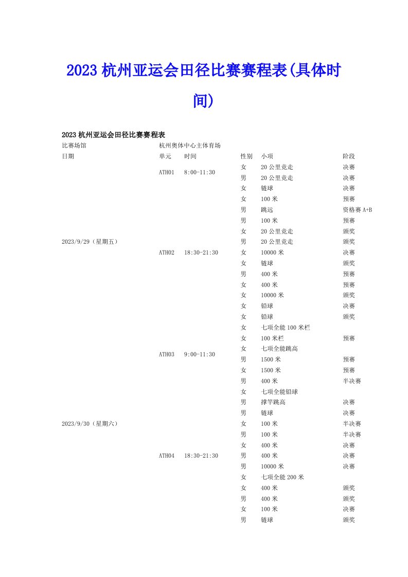 2023杭州亚运会田径比赛赛程表(具体时间)