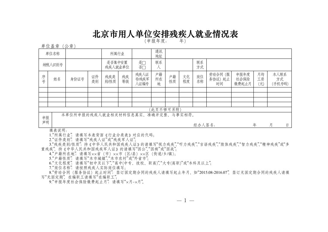 北京市用人单位安排残疾人就业情况表