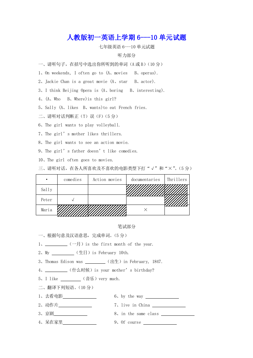 人教版初一英语上学期610单元试题