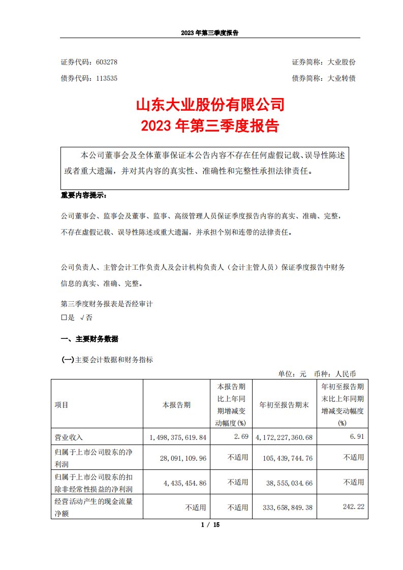 上交所-大业股份2023年第三季度报告