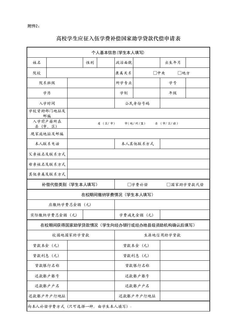 高校学生应征入伍学费补偿国家助学贷款代偿申请表模板