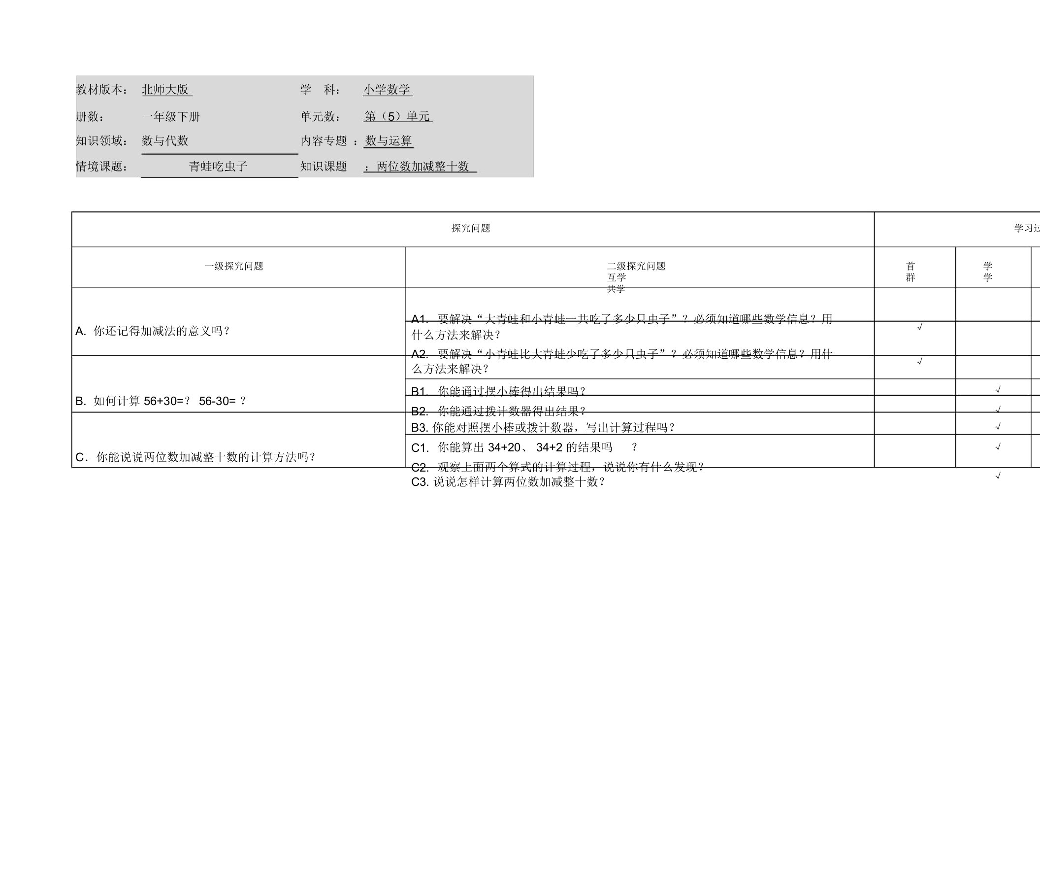 小学数学一年级下册第五单元《青蛙吃虫子》探究问题