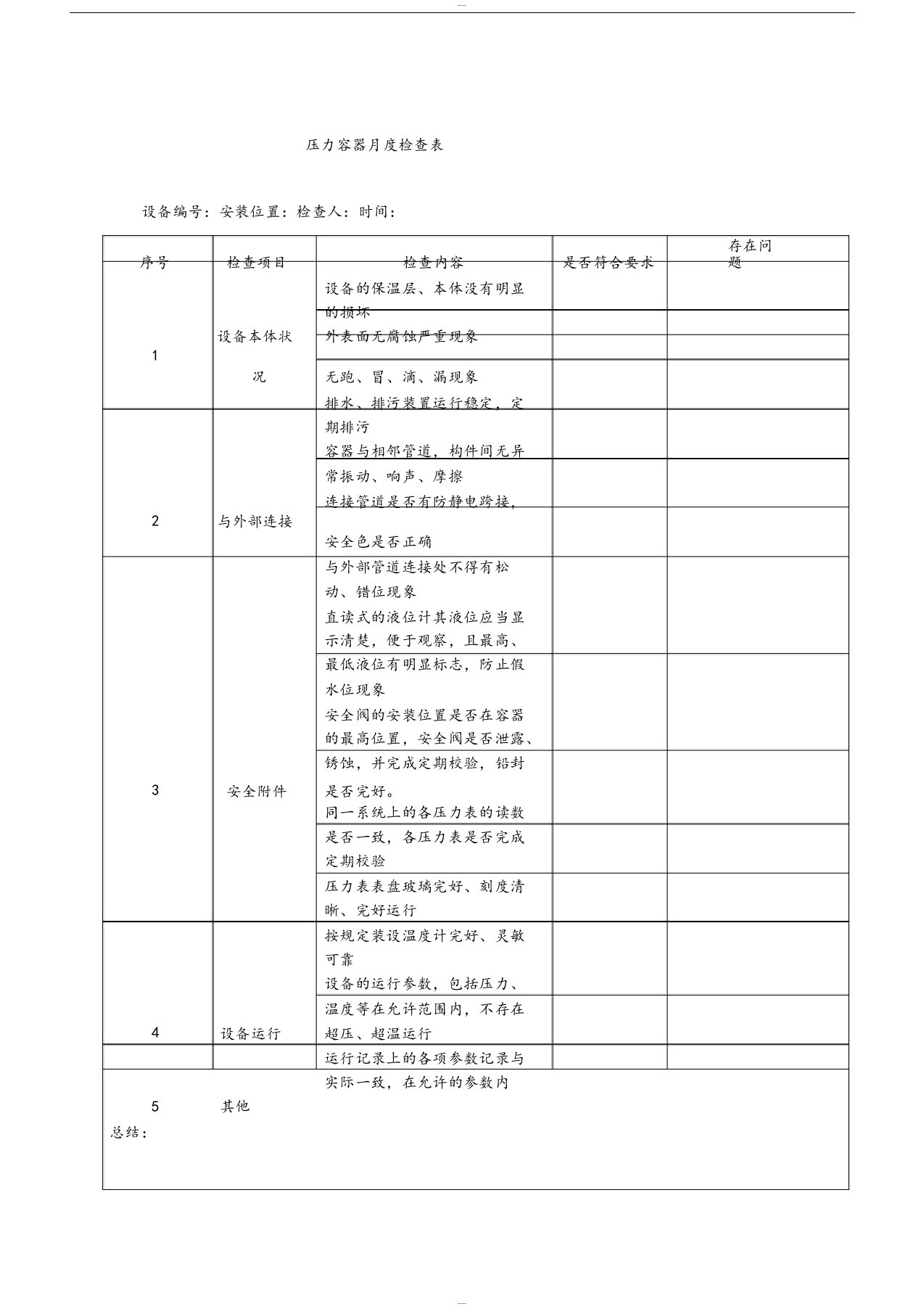 压力容器月度检查表