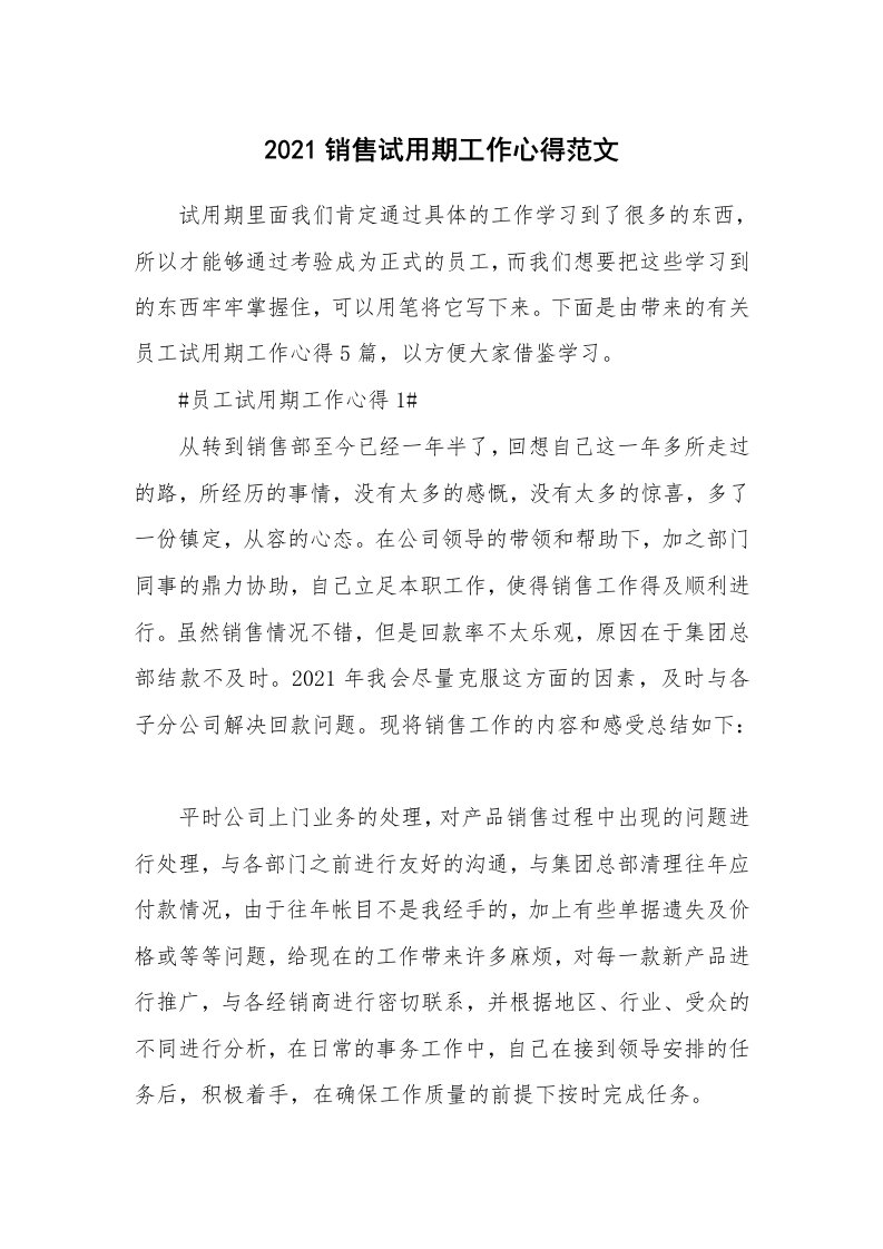 工作心得_2021销售试用期工作心得范文