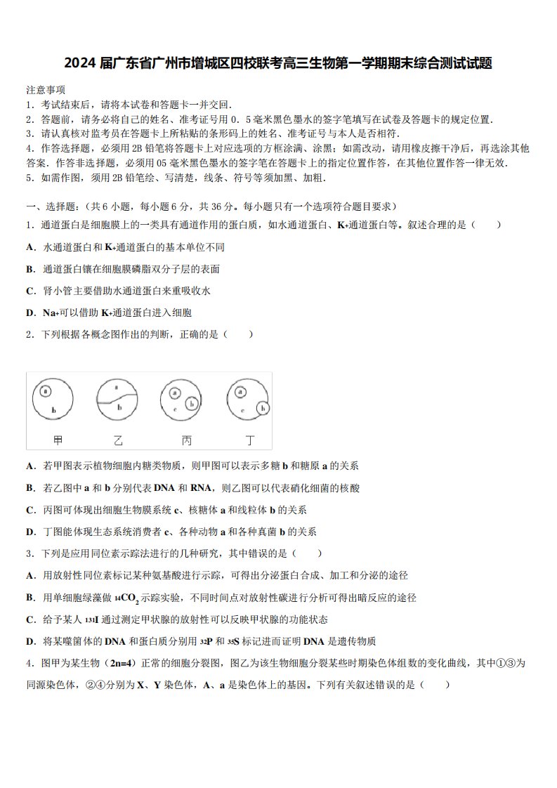 2024届广东省广州市增城区四校联考高三生物第一学期期末综合测试试题含精品1142