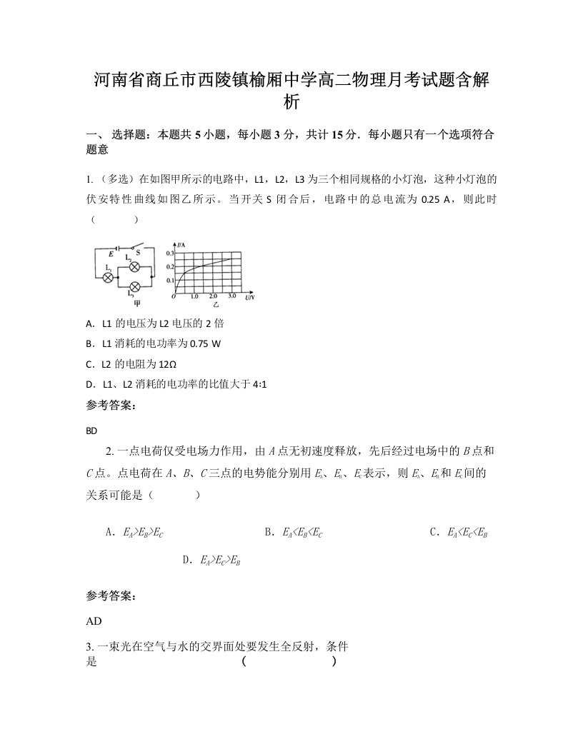 河南省商丘市西陵镇榆厢中学高二物理月考试题含解析