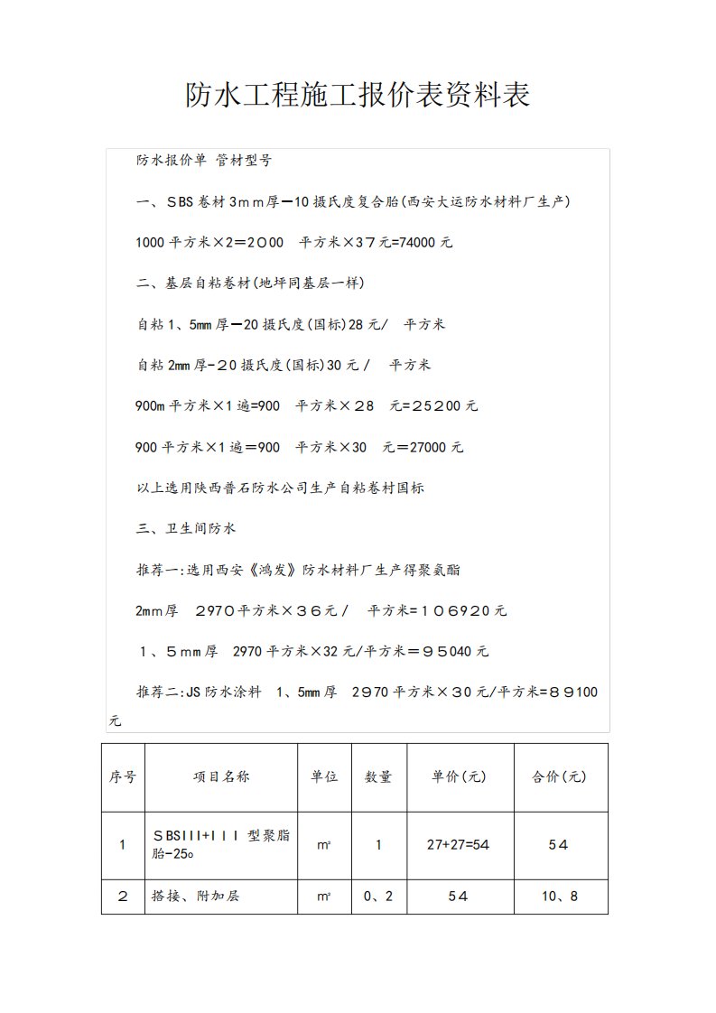 防水工程施工报价表