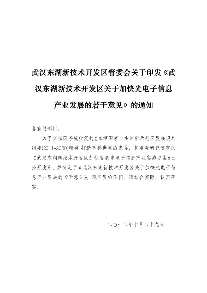 《武汉东湖新技开发区关于加快光电子信息产业发展的若