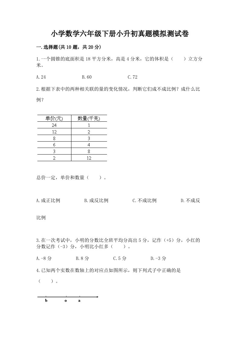 小学数学六年级下册小升初真题模拟测试卷及答案【名校卷】