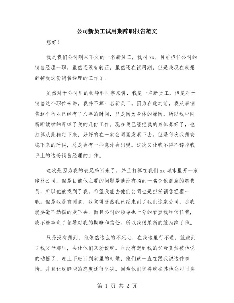 公司新员工试用期辞职报告范文