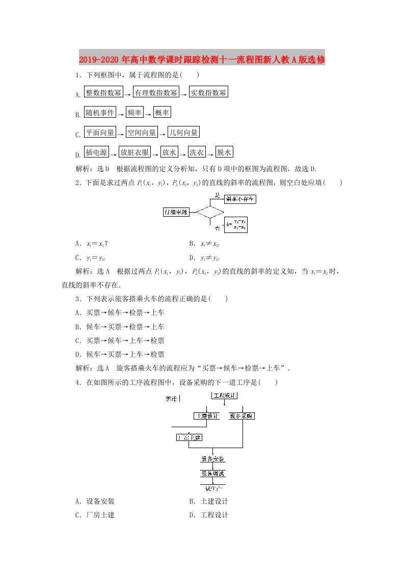 2019-2020年高中数学课时跟踪检测十一流程图新人教A版选修