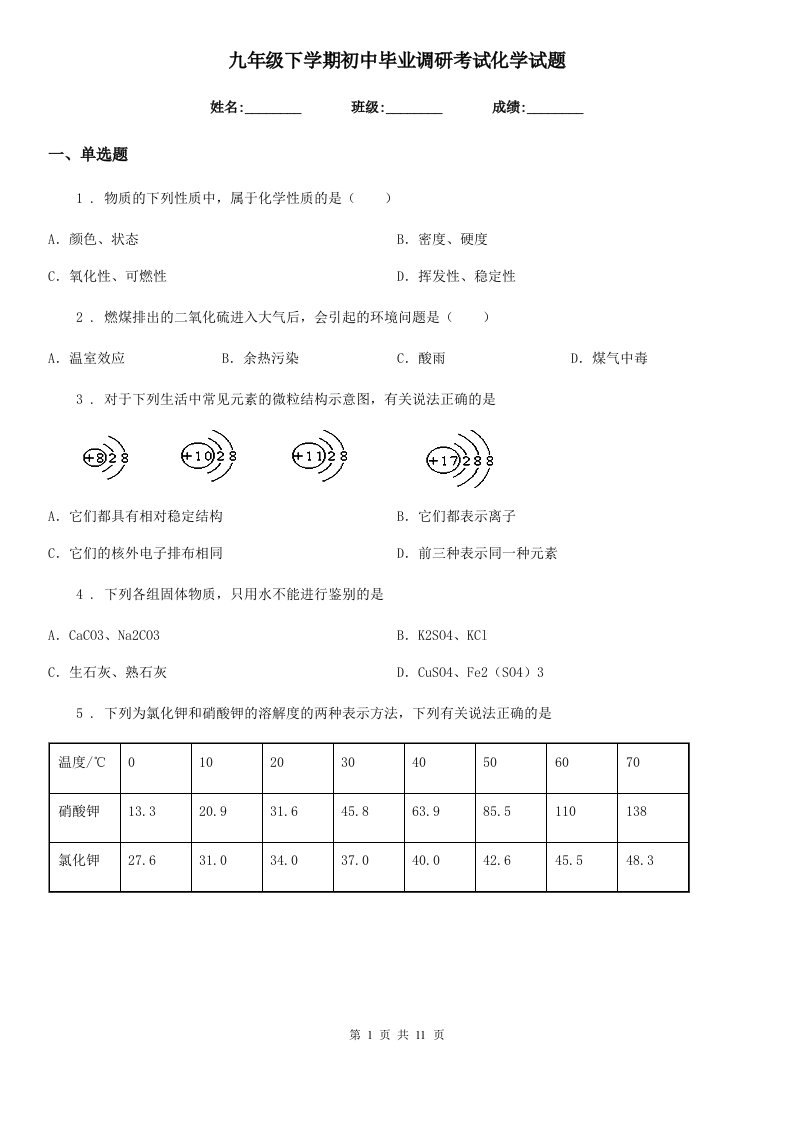 九年级下学期初中毕业调研考试化学试题