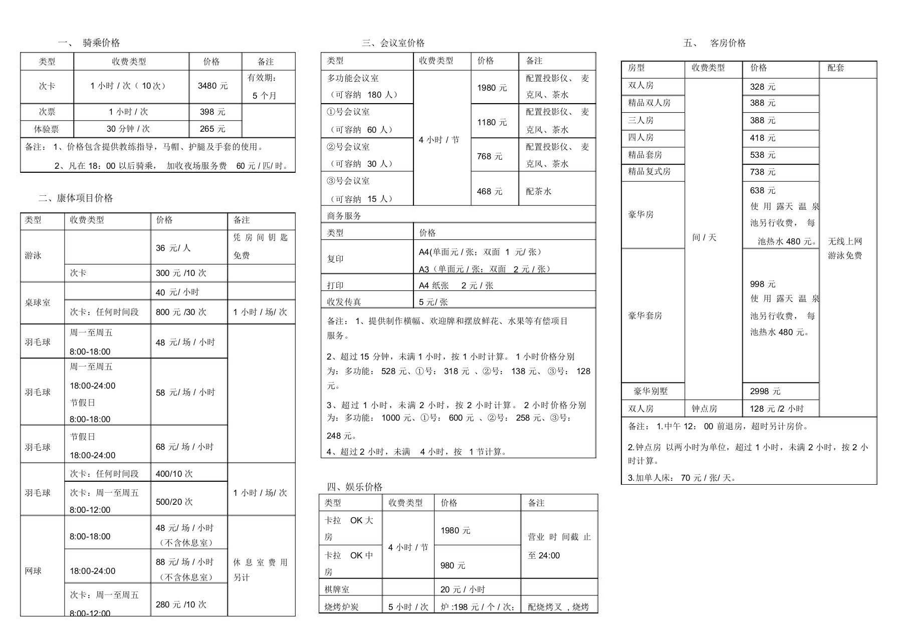 马术俱乐部价目表