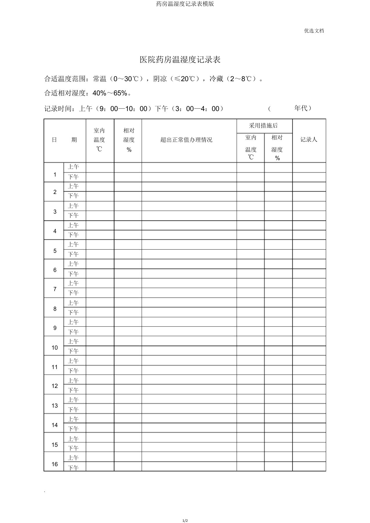 药房温湿度记录表模版