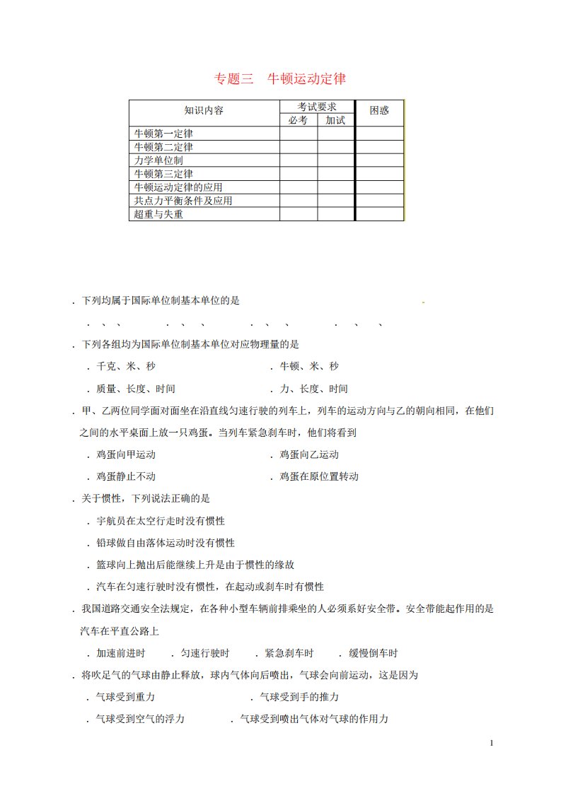 高三物理二轮复习专题3牛顿运动定律练习