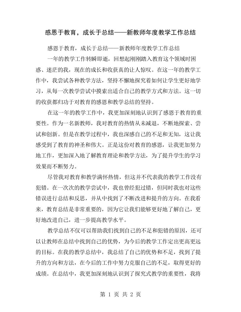 感恩于教育，成长于总结——新教师年度教学工作总结