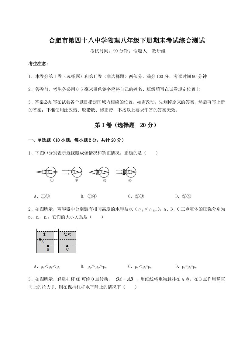 强化训练合肥市第四十八中学物理八年级下册期末考试综合测试试题（含答案解析版）