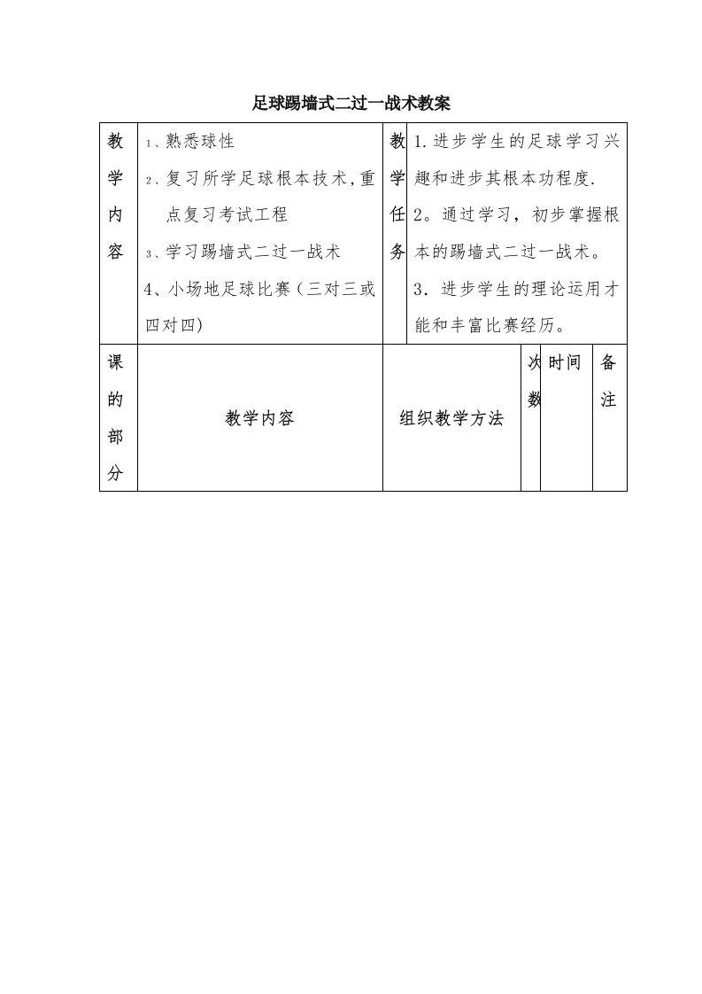 足球踢墙式二过一战术教案