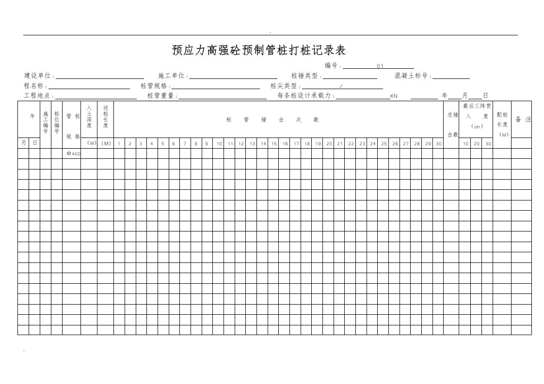 预应力高强砼预制管桩打桩记录表