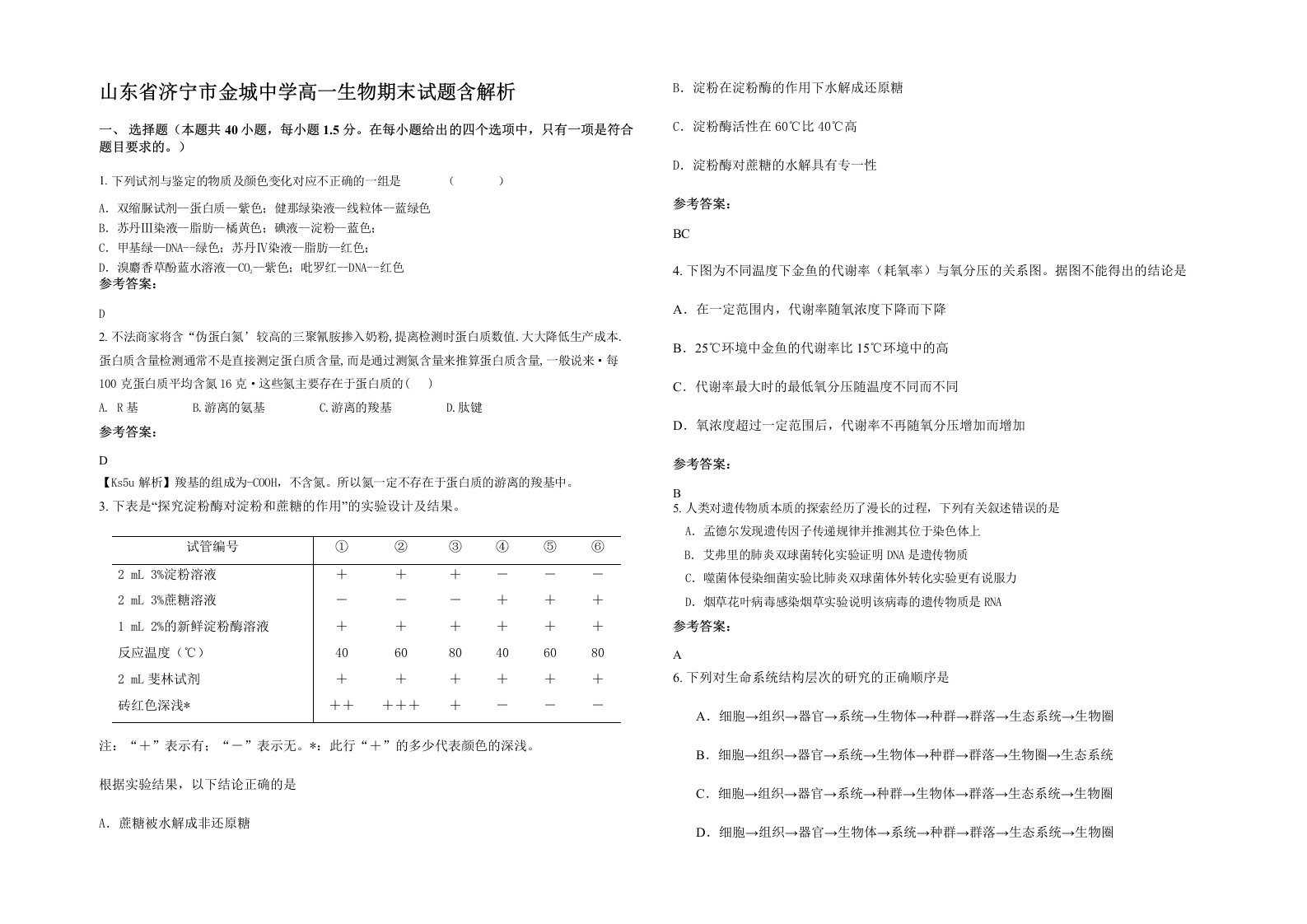 山东省济宁市金城中学高一生物期末试题含解析