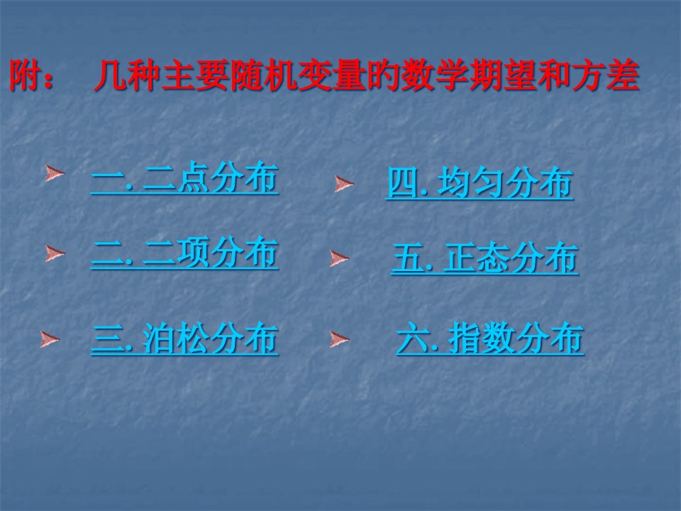 六个常用分布的数学期望和方差公开课获奖课件百校联赛一等奖课件