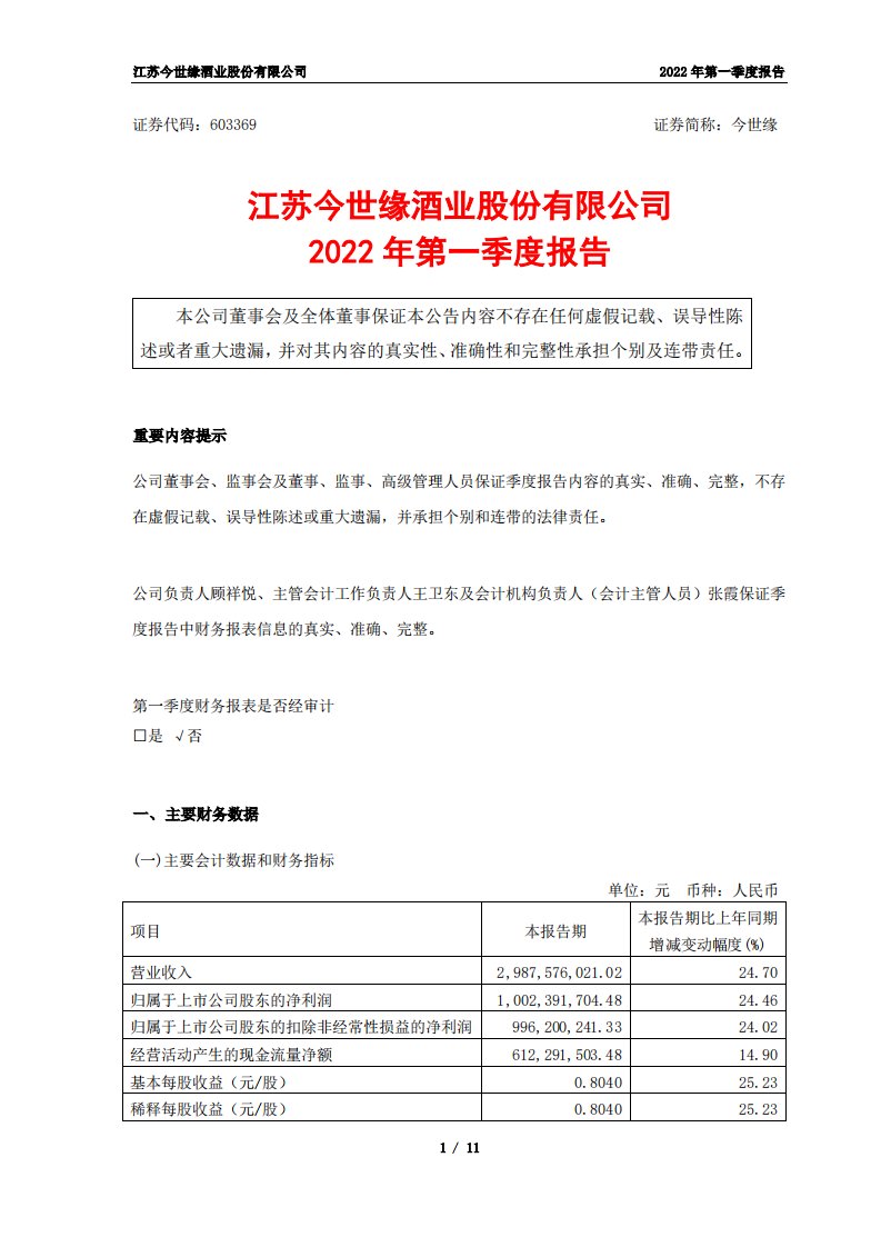 上交所-江苏今世缘酒业股份有限公司2022年第一季度报告-20220429