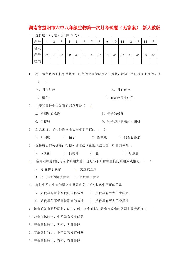 湖南省益阳市六中八级生物第一次月考试题（无答案）