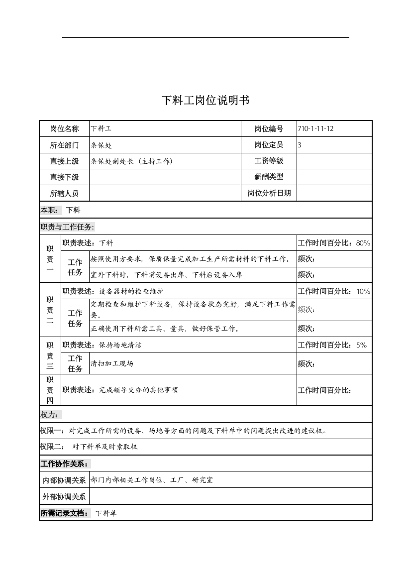 中船重工研究所条件保障处下料工岗位说明书