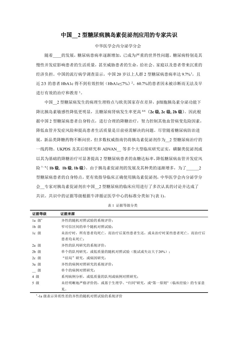 中国成人2型糖尿病胰岛素促泌剂应用的专家共识-1024-2.doc