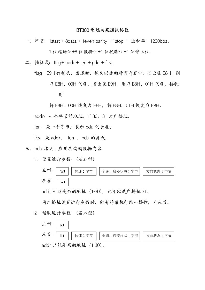 BT300型蠕动泵通讯协议