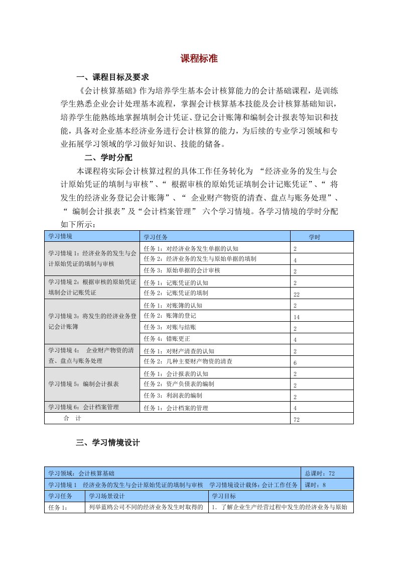 会计核算基础课程标准模板