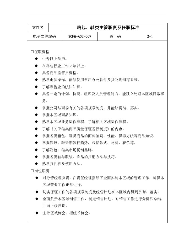 箱包、鞋类主管职责及任职标准