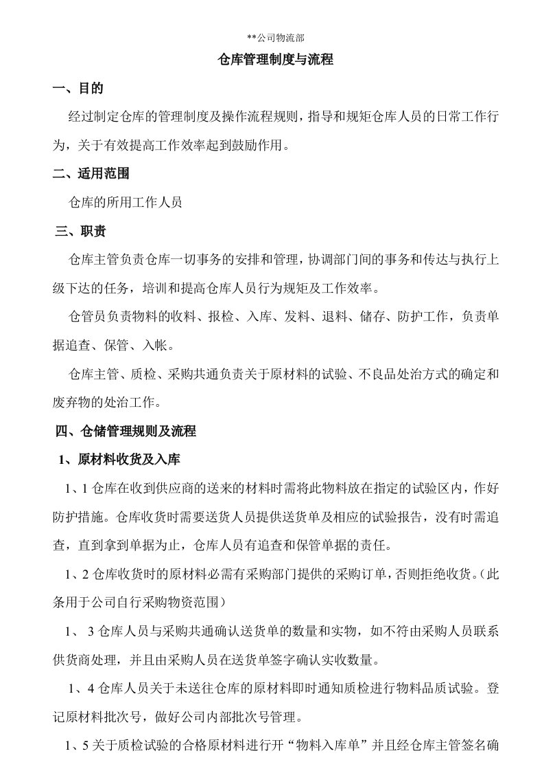 仓库管理制度与流程，原材料收发退流程，成品进出库制度