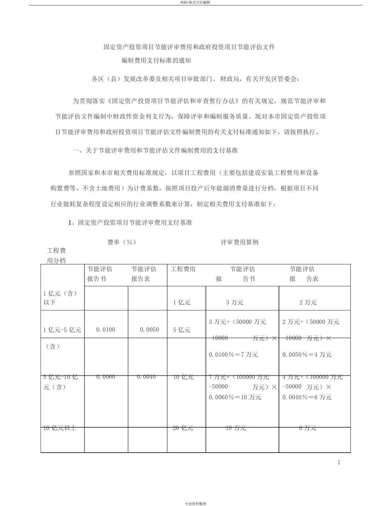 节能评审和节能评估文件编制费用收费标准