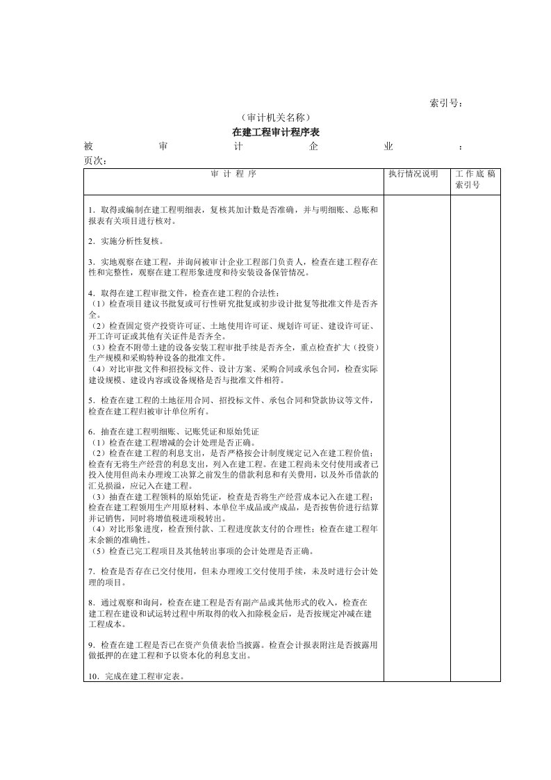 【管理精品】非流动资产W-04在建工程审计程序表