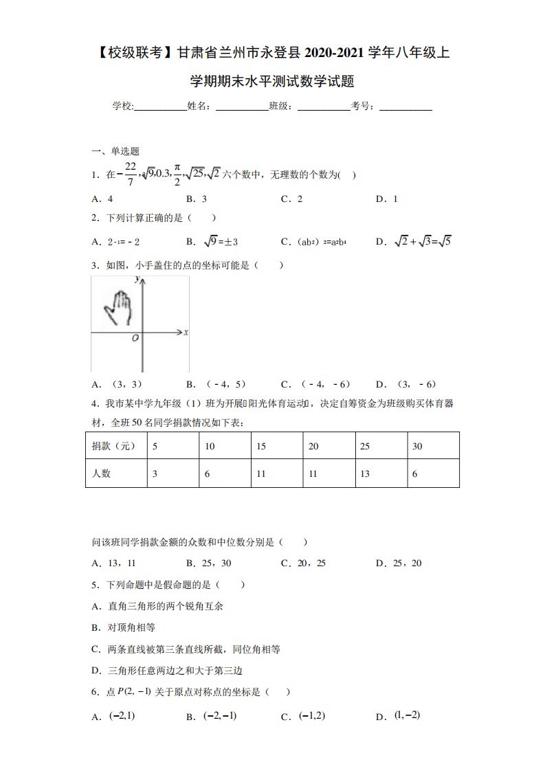 【校级联考】甘肃省兰州市永登县2020-2021学年八年级上学期期末水平测试数学试题