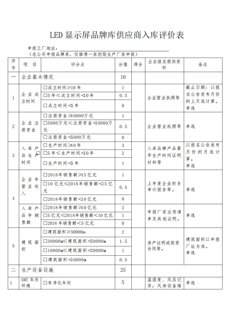 LED显示屏品牌库供应商入库评价表