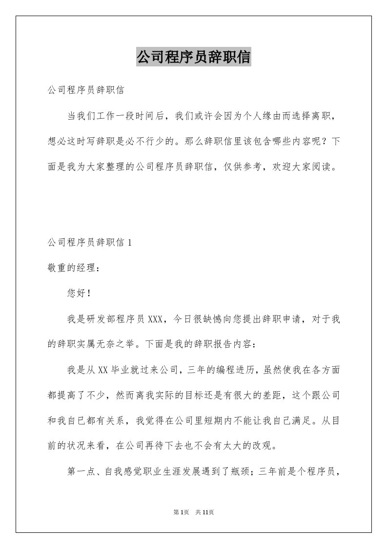 公司程序员辞职信例文