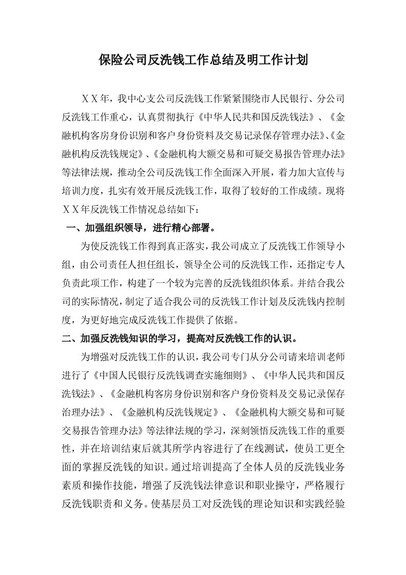 保险公司反洗钱工作总结及明工作计划