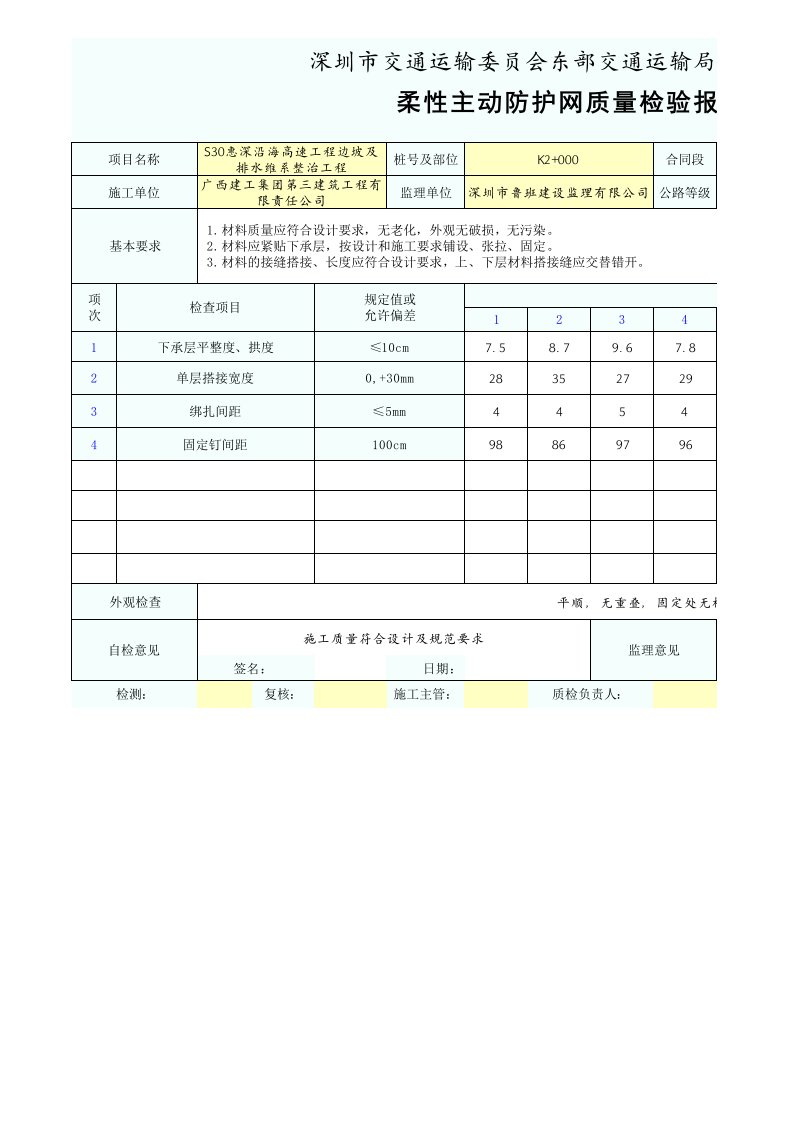 柔性主动防护网质量检验报告单