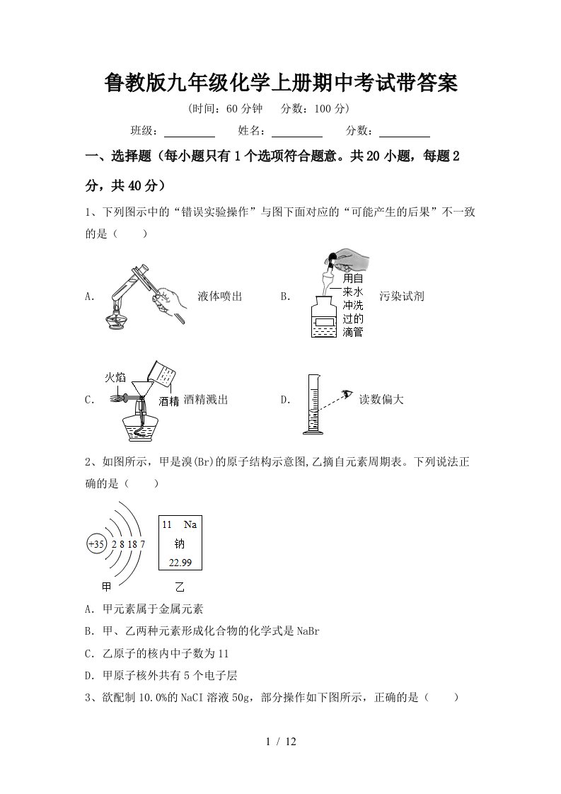 鲁教版九年级化学上册期中考试带答案