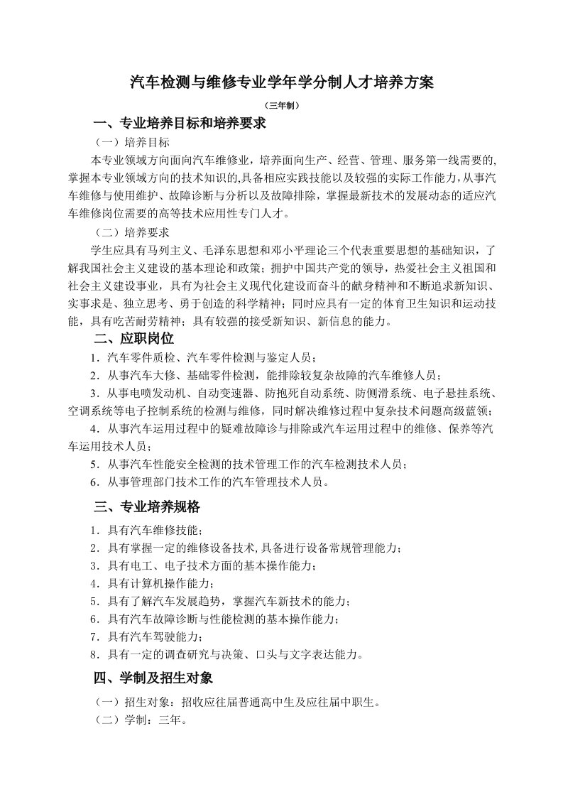 汽车行业-汽车检测与维修专业学年学分制人才培养方案