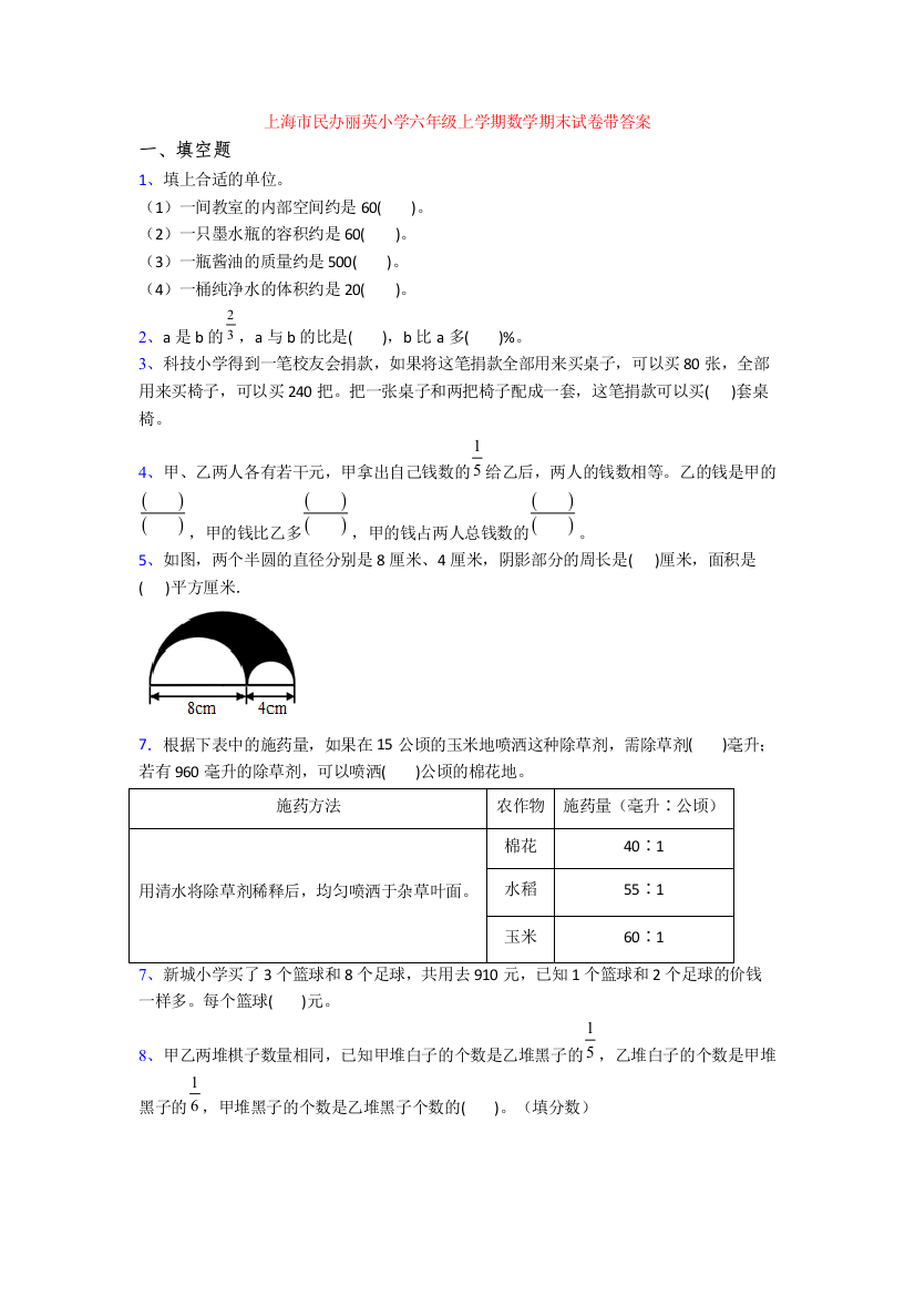 上海市民办丽英小学六年级上学期数学期末试卷带答案