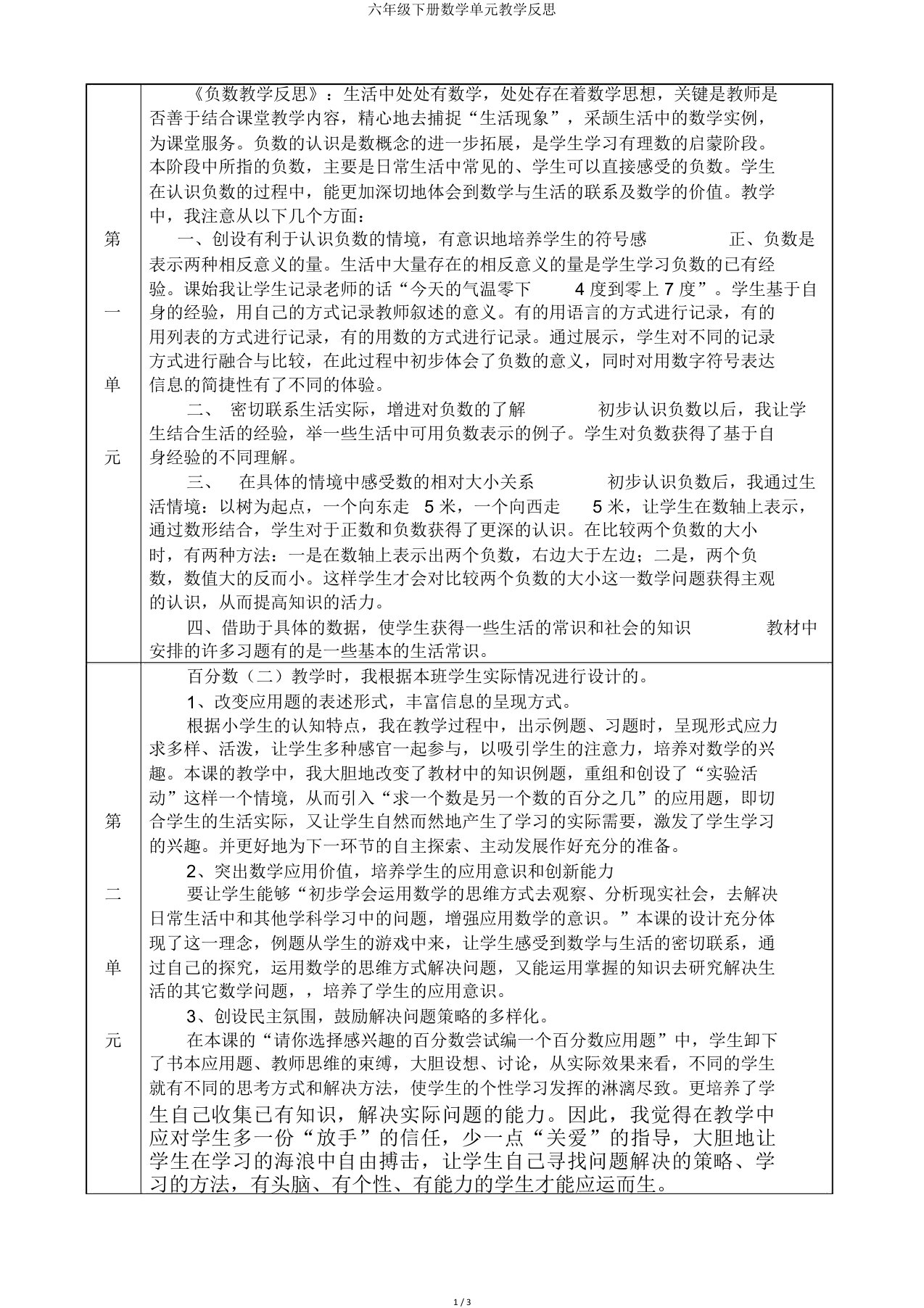 六年级下册数学单元教学反思