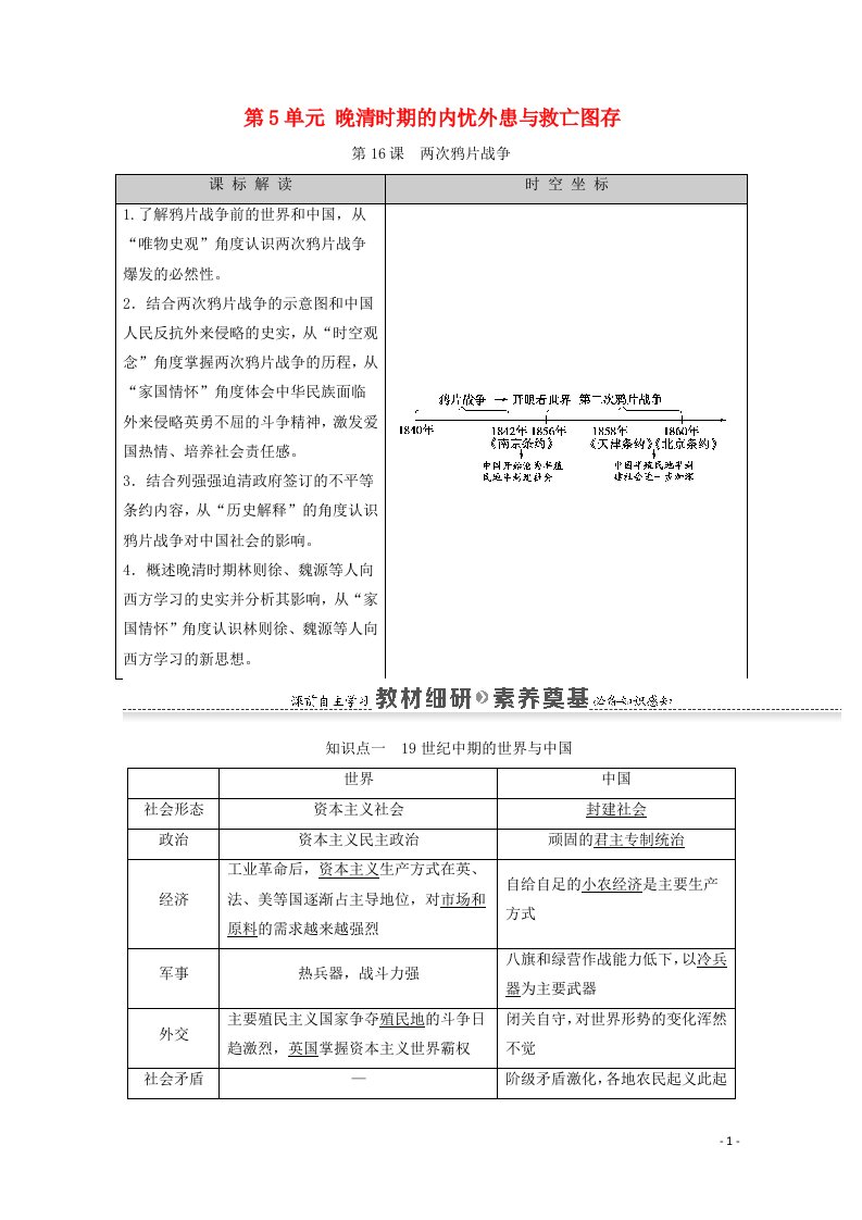 2020_2021学年新教材高中历史第5单元晚清时期的内忧外患与救亡图存第16课两次鸦片战争同步教案新人教版必修中外历史纲要上