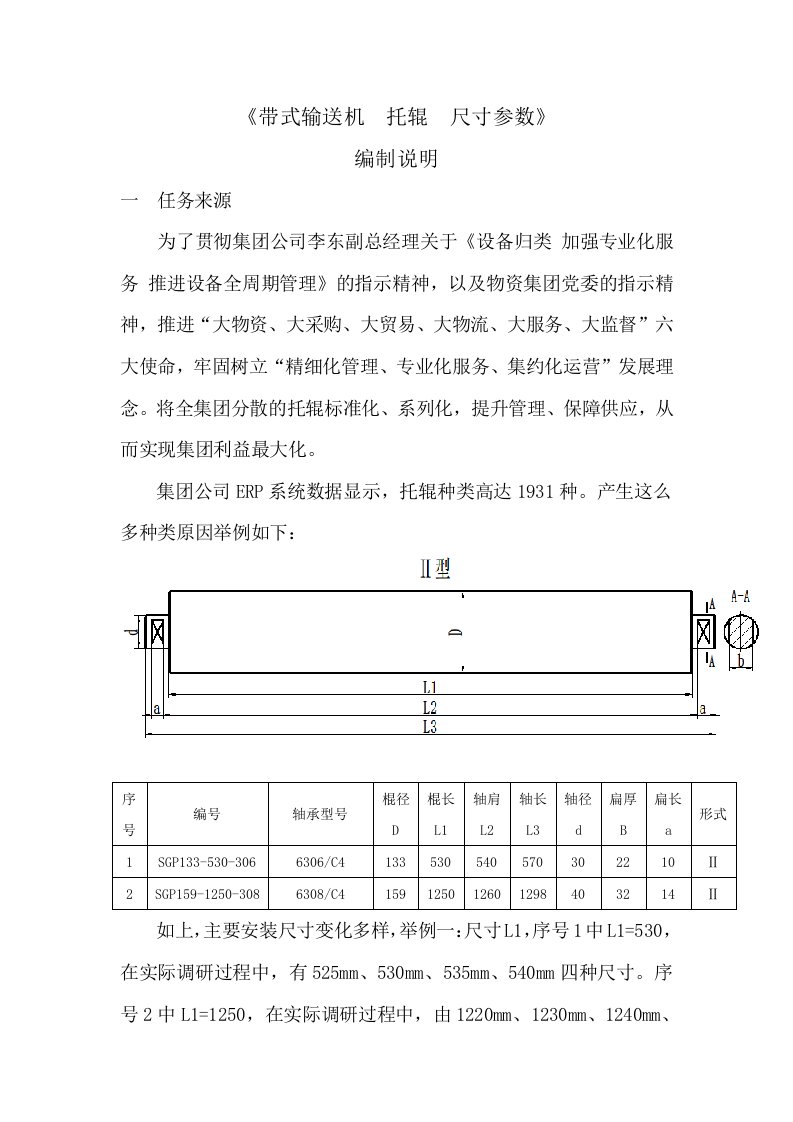 《带式输送机托辊尺寸参数》编制说明