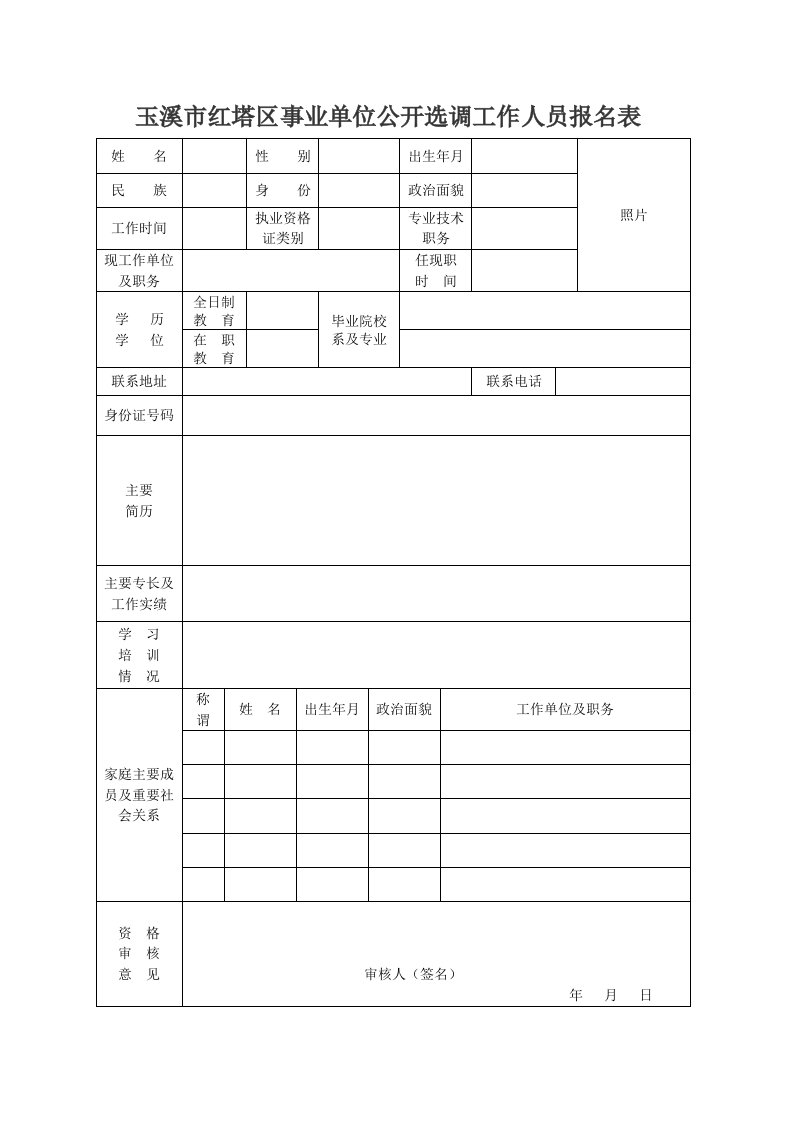 玉溪市红塔区事业单位公开选调工作人员报名表